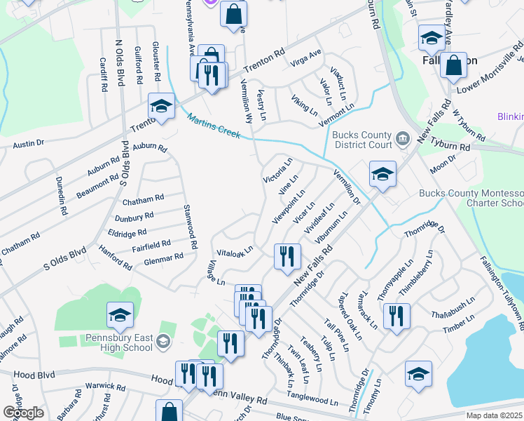 map of restaurants, bars, coffee shops, grocery stores, and more near 96 Vermillion Dr in Levittown