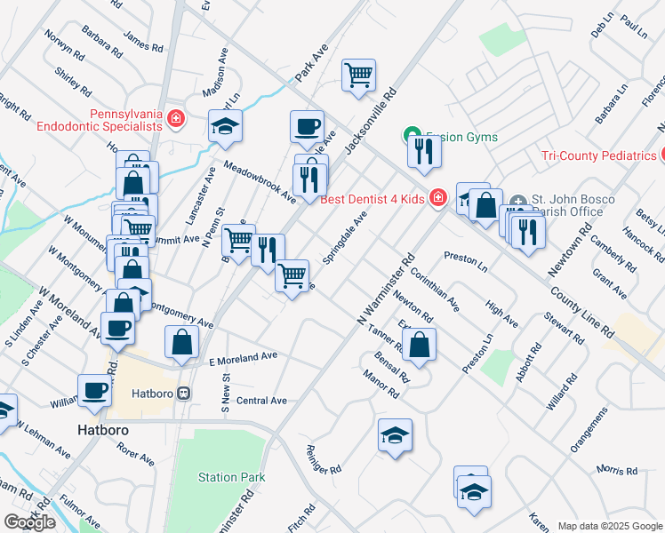 map of restaurants, bars, coffee shops, grocery stores, and more near 322 Springdale Avenue in Hatboro