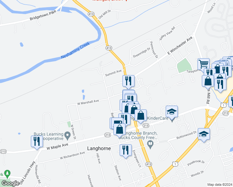 map of restaurants, bars, coffee shops, grocery stores, and more near 123 East Marshall Avenue in Langhorne