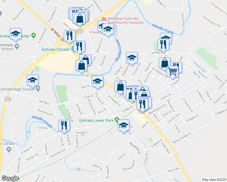 map of restaurants, bars, coffee shops, grocery stores, and more near 226 W Main St in Ephrata