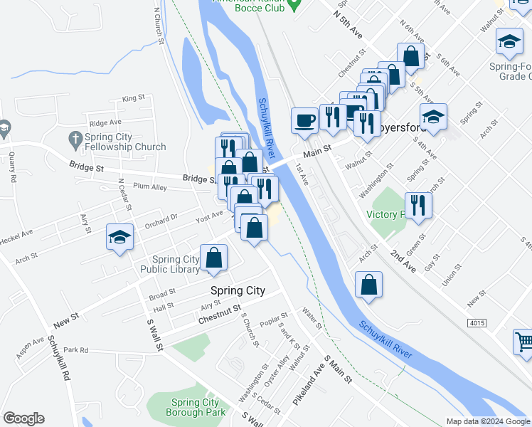 map of restaurants, bars, coffee shops, grocery stores, and more near 1 Riverside Drive in Spring City