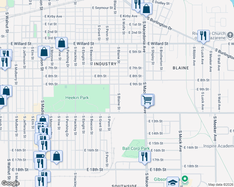 map of restaurants, bars, coffee shops, grocery stores, and more near 1625 South Blaine Street in Muncie