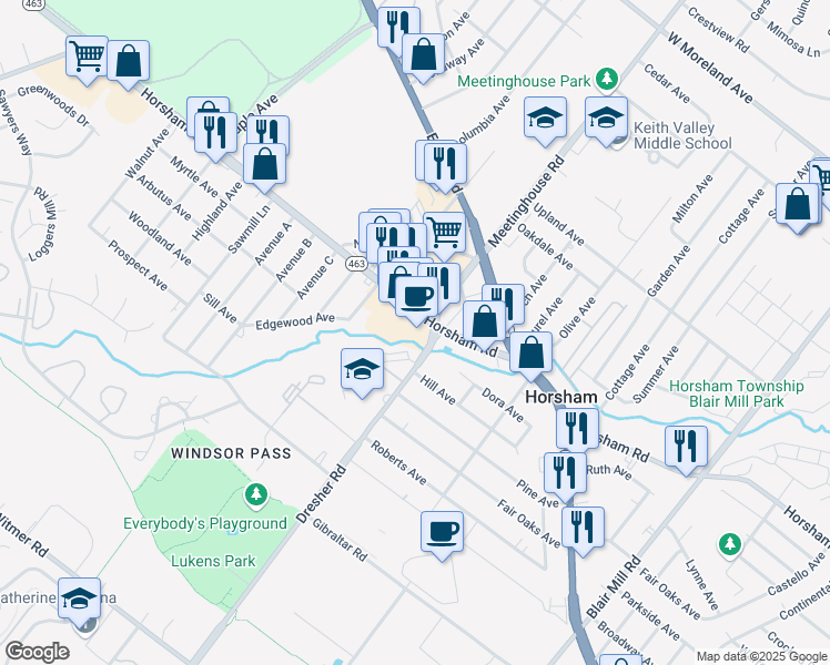 map of restaurants, bars, coffee shops, grocery stores, and more near 301 Horsham Road in Horsham