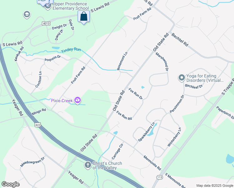 map of restaurants, bars, coffee shops, grocery stores, and more near 4 Hawkeye Drive in Royersford