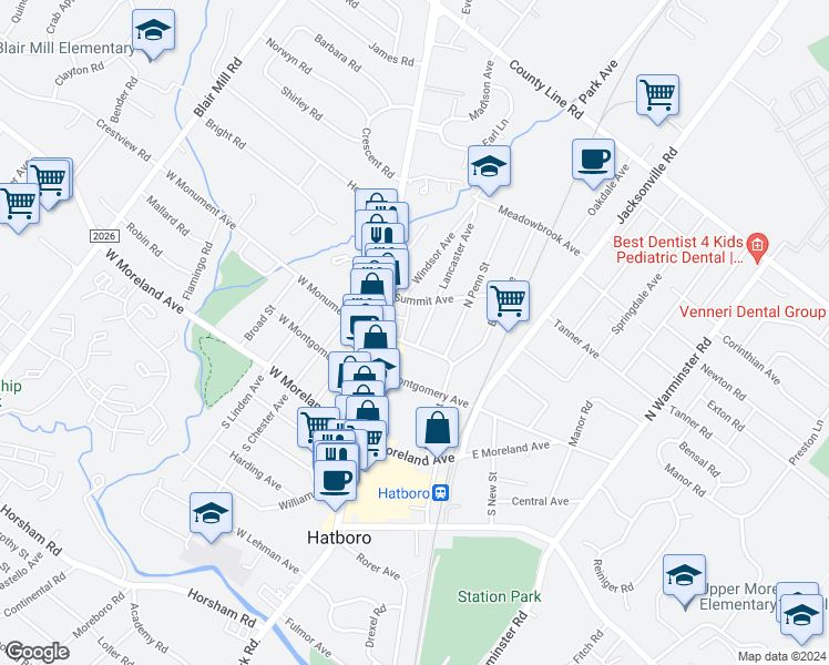 map of restaurants, bars, coffee shops, grocery stores, and more near 209 Lancaster Avenue in Hatboro