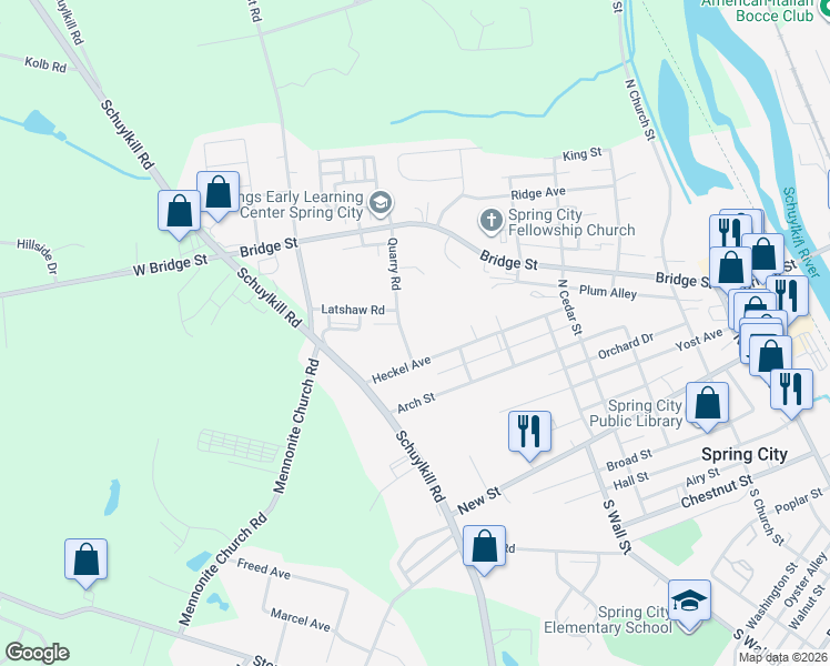 map of restaurants, bars, coffee shops, grocery stores, and more near 319 Quarry Road in Spring City