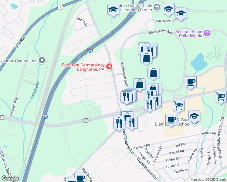 map of restaurants, bars, coffee shops, grocery stores, and more near 1971 2nd Street in Langhorne