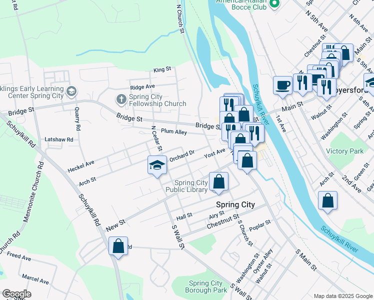 map of restaurants, bars, coffee shops, grocery stores, and more near 229 North Penn Street in Spring City