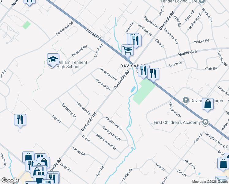 map of restaurants, bars, coffee shops, grocery stores, and more near 6 Tulip Circle in Bucks County