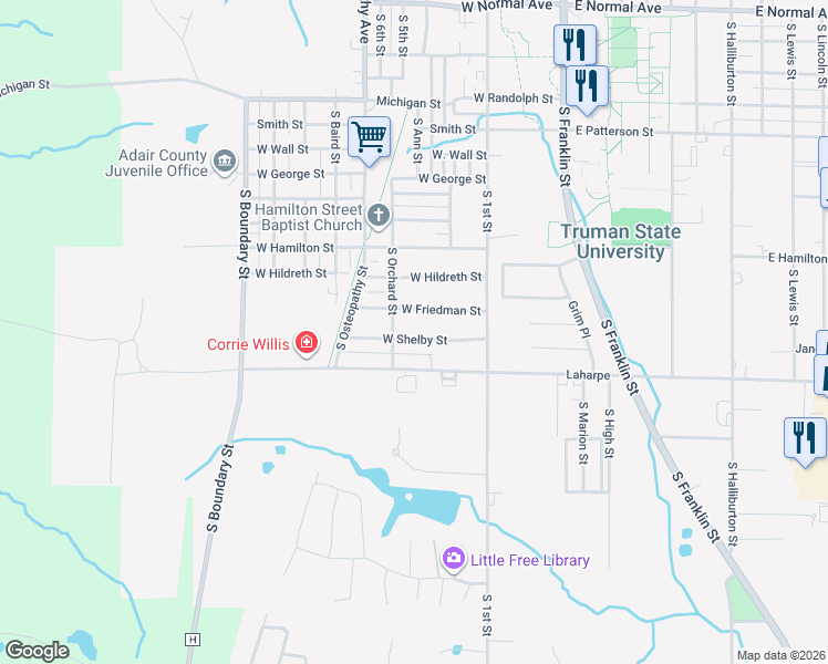 map of restaurants, bars, coffee shops, grocery stores, and more near 700 West Shelby Street in Kirksville