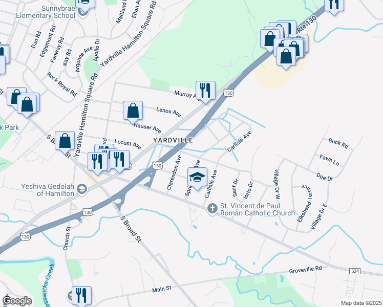 map of restaurants, bars, coffee shops, grocery stores, and more near 444 Woodside Avenue in Hamilton Township