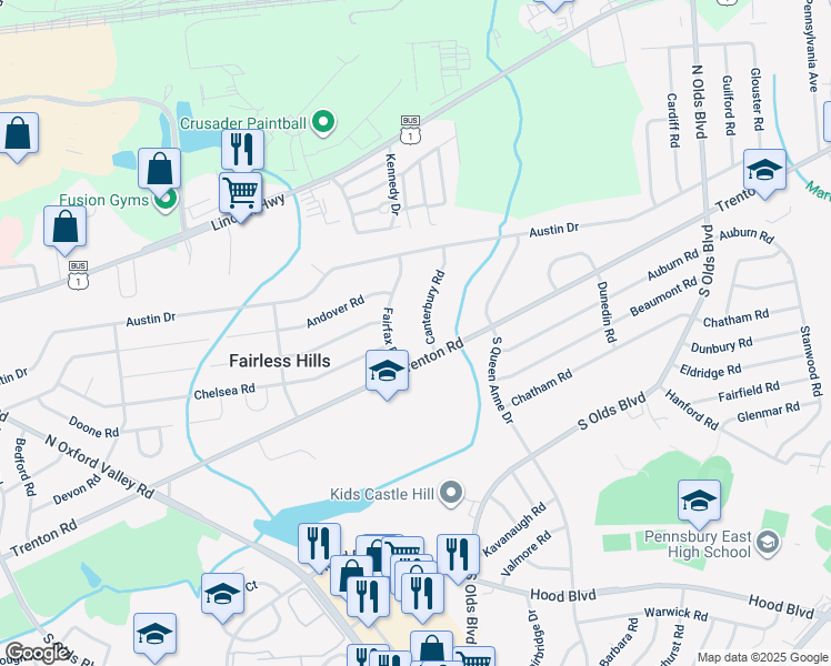 map of restaurants, bars, coffee shops, grocery stores, and more near 113 Canterbury Road in Fairless Hills