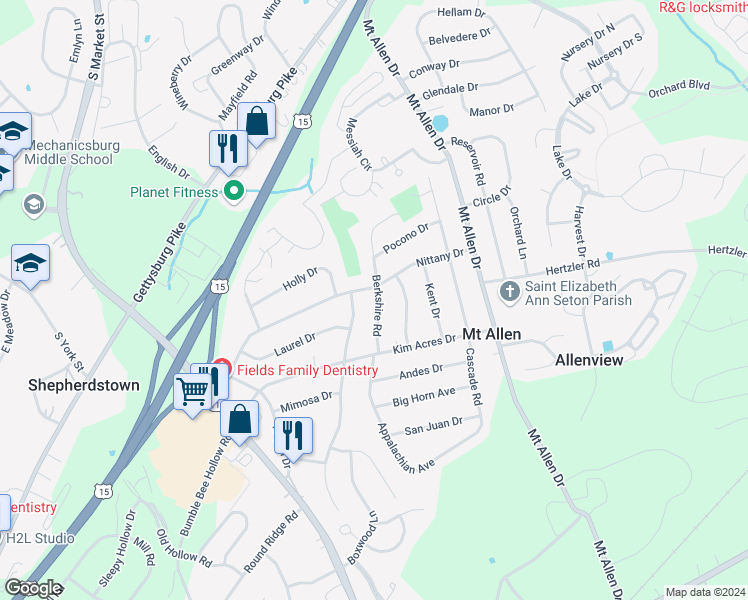 map of restaurants, bars, coffee shops, grocery stores, and more near 402 Berkshire Road in Mechanicsburg
