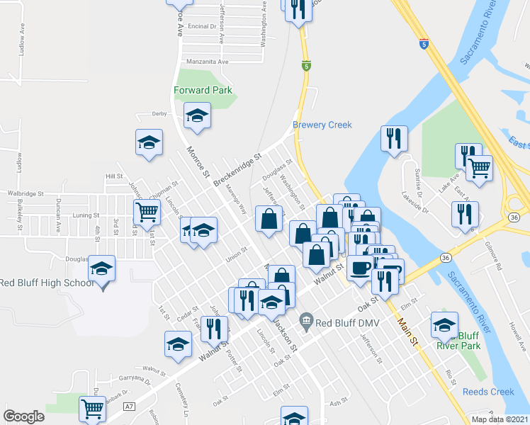map of restaurants, bars, coffee shops, grocery stores, and more near 1158 Madison Street in Red Bluff