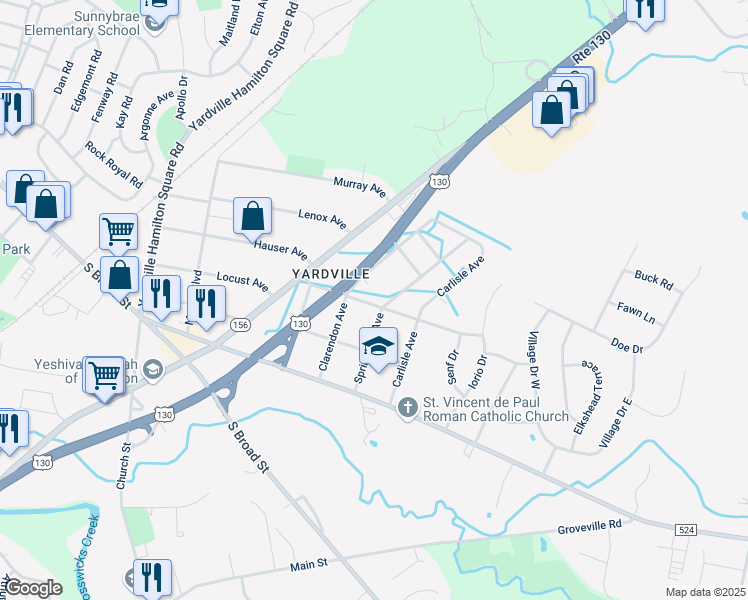 map of restaurants, bars, coffee shops, grocery stores, and more near 444 Woodside Avenue in Hamilton Township