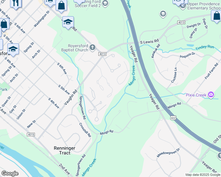 map of restaurants, bars, coffee shops, grocery stores, and more near 130 Providence Forge Road in Royersford