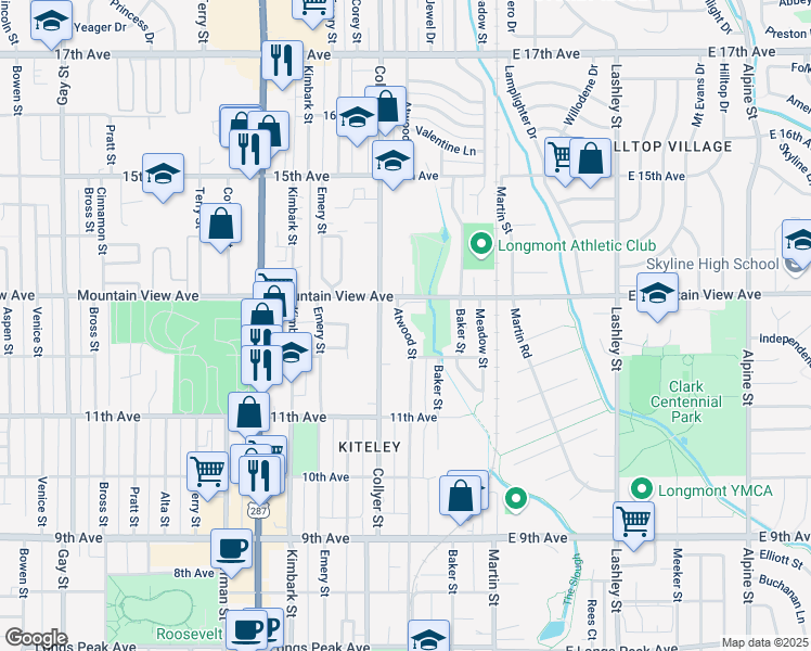 map of restaurants, bars, coffee shops, grocery stores, and more near 1228 Atwood Street in Longmont