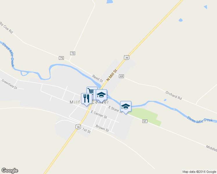 map of restaurants, bars, coffee shops, grocery stores, and more near 82 North Mill Street in Milford Center