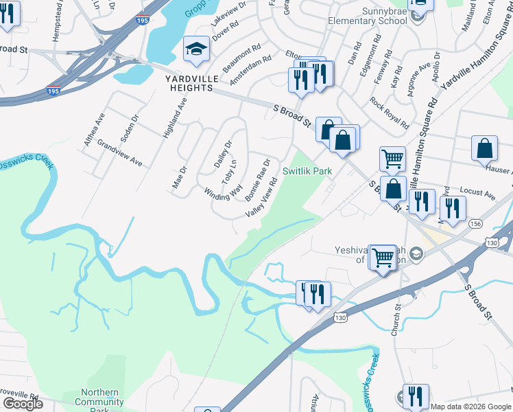 map of restaurants, bars, coffee shops, grocery stores, and more near 47 Valley View Road in Hamilton Township