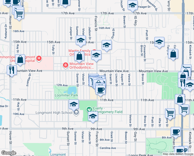 map of restaurants, bars, coffee shops, grocery stores, and more near 1229 Francis Street in Longmont