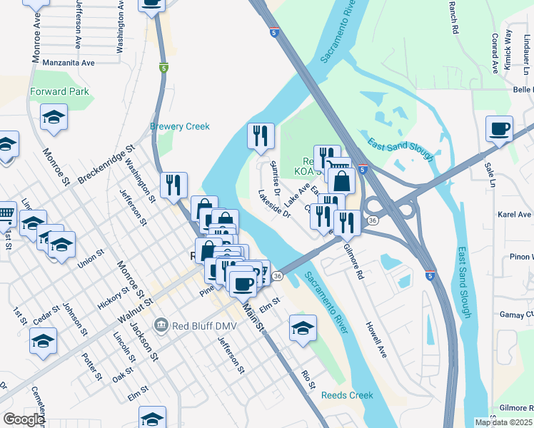 map of restaurants, bars, coffee shops, grocery stores, and more near 825 Lakeside Drive in Red Bluff