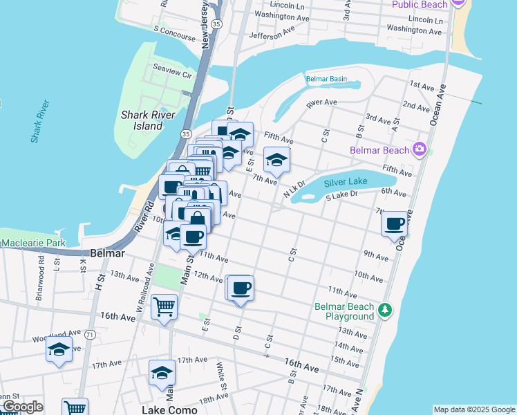 map of restaurants, bars, coffee shops, grocery stores, and more near 513 8th Avenue in Belmar