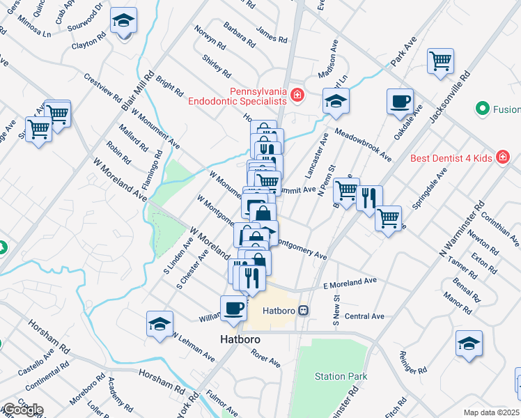 map of restaurants, bars, coffee shops, grocery stores, and more near 210 Pennsylvania 263 in Hatboro