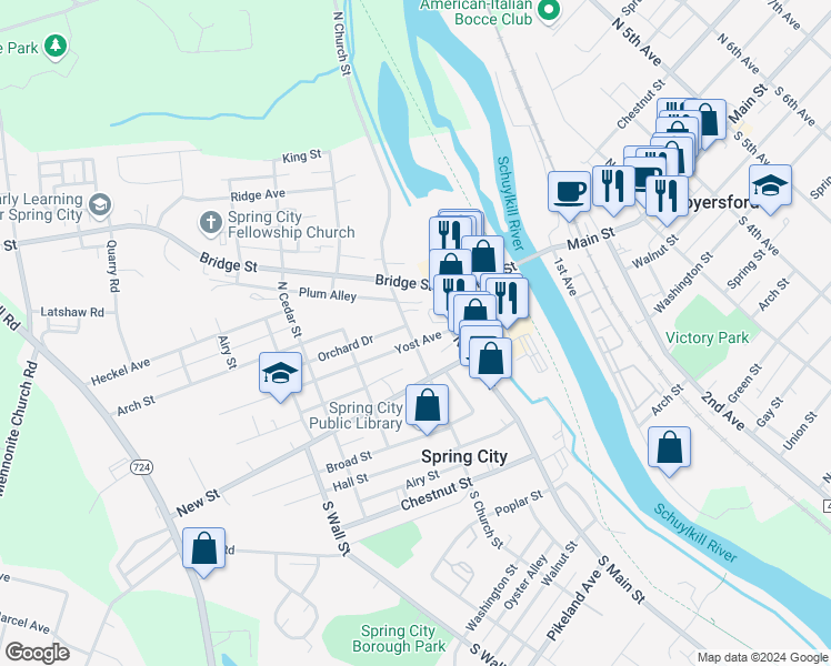 map of restaurants, bars, coffee shops, grocery stores, and more near 131 Yost Avenue in Spring City