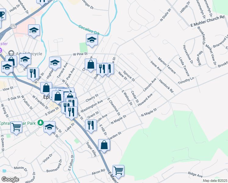 map of restaurants, bars, coffee shops, grocery stores, and more near 324 Washington Avenue in Ephrata