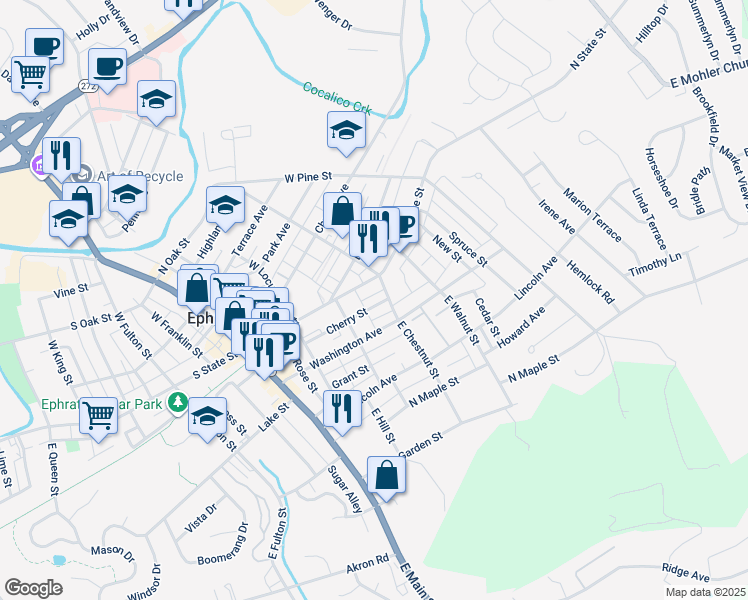 map of restaurants, bars, coffee shops, grocery stores, and more near 23 East Chestnut Street in Ephrata