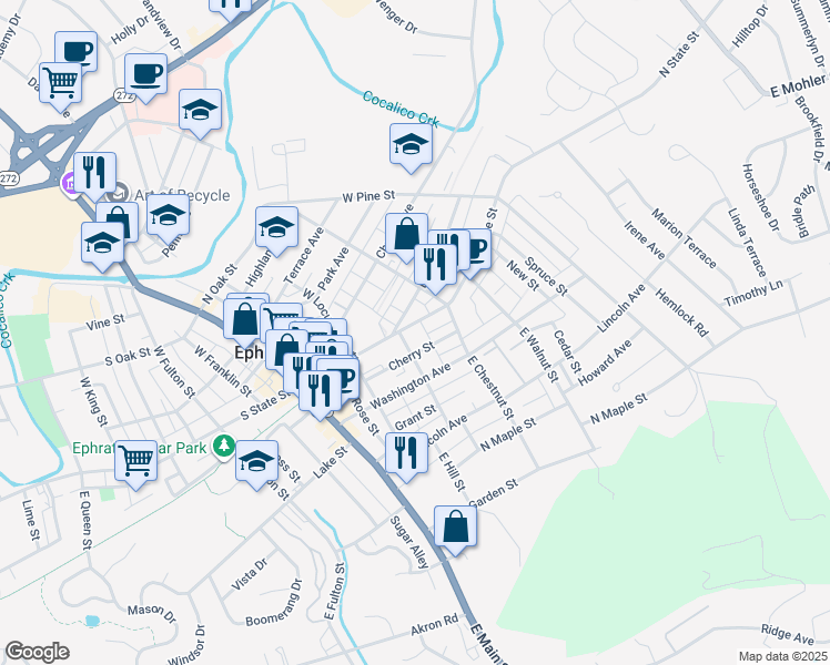 map of restaurants, bars, coffee shops, grocery stores, and more near 215 North State Street in Ephrata