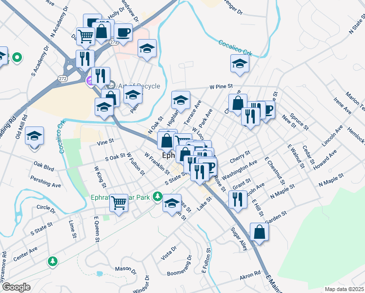 map of restaurants, bars, coffee shops, grocery stores, and more near 40 North Church Street in Ephrata