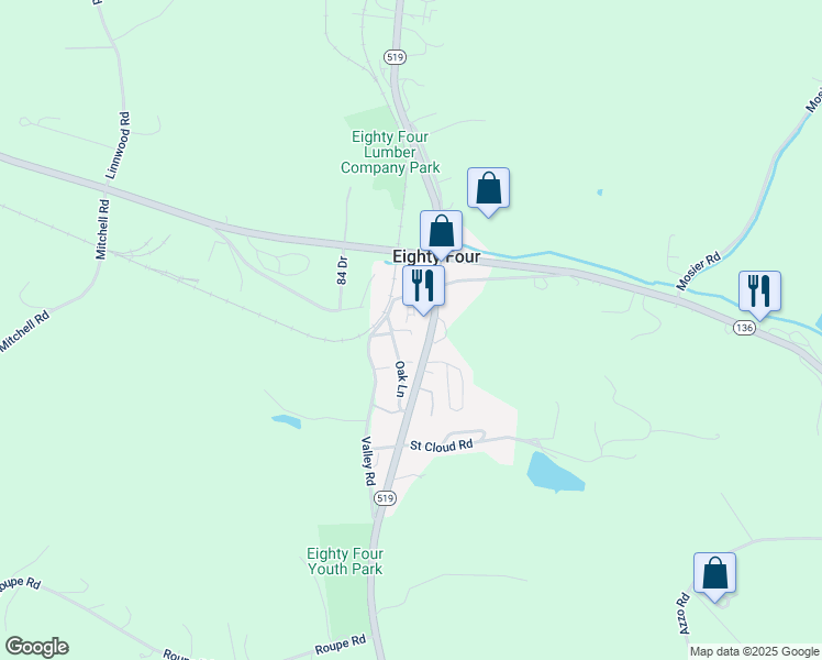 map of restaurants, bars, coffee shops, grocery stores, and more near 1 Oak Lane in Eighty Four