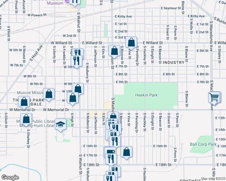 map of restaurants, bars, coffee shops, grocery stores, and more near 1808 South Madison Street in Muncie