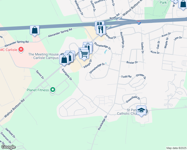 map of restaurants, bars, coffee shops, grocery stores, and more near 206 Thorncrest Drive in Carlisle