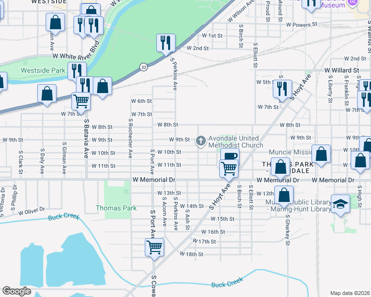 map of restaurants, bars, coffee shops, grocery stores, and more near 1422 West 10th Street in Muncie