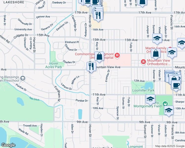 map of restaurants, bars, coffee shops, grocery stores, and more near 1242 Hover Street in Longmont