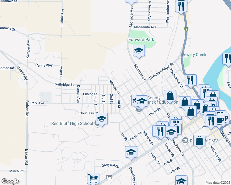 map of restaurants, bars, coffee shops, grocery stores, and more near 1256 Luning Street in Red Bluff