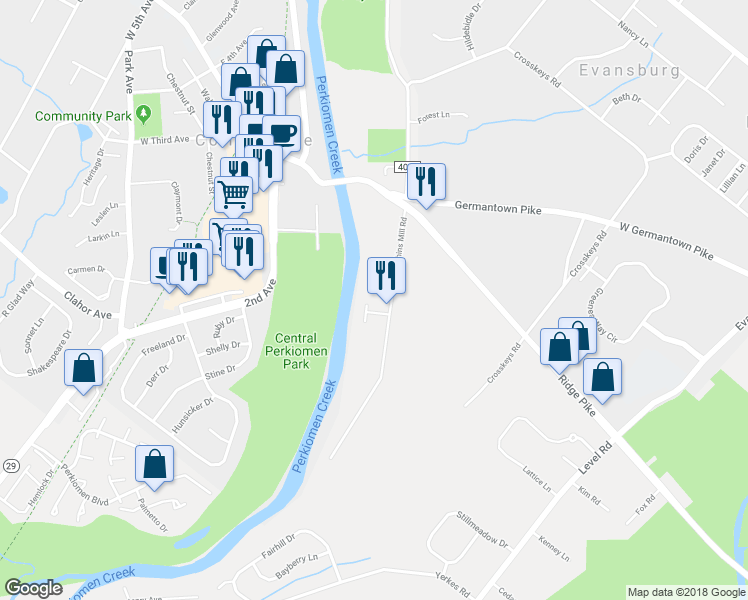 map of restaurants, bars, coffee shops, grocery stores, and more near 7 Pechins Mill Road in Collegeville