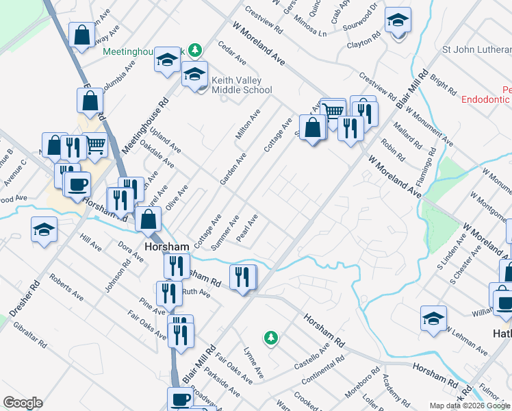 map of restaurants, bars, coffee shops, grocery stores, and more near 162 Upland Avenue in Horsham
