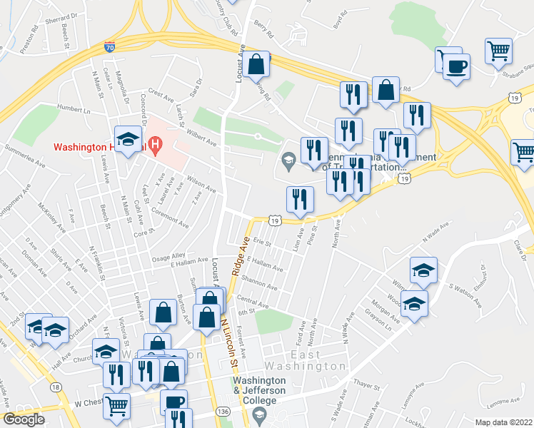 map of restaurants, bars, coffee shops, grocery stores, and more near 33 Murtland Avenue in Washington