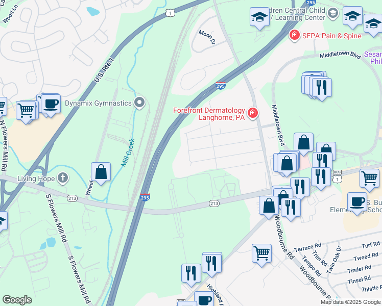 map of restaurants, bars, coffee shops, grocery stores, and more near 1711 3rd Street in Langhorne
