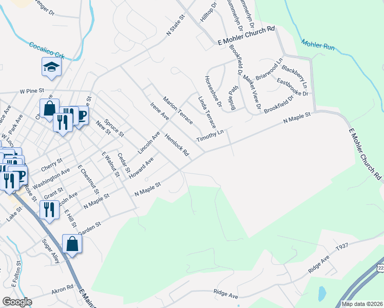 map of restaurants, bars, coffee shops, grocery stores, and more near 620 North Maple Street in Ephrata