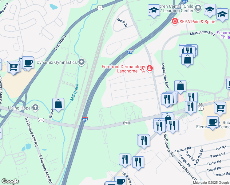 map of restaurants, bars, coffee shops, grocery stores, and more near 1711 3rd Street in Langhorne