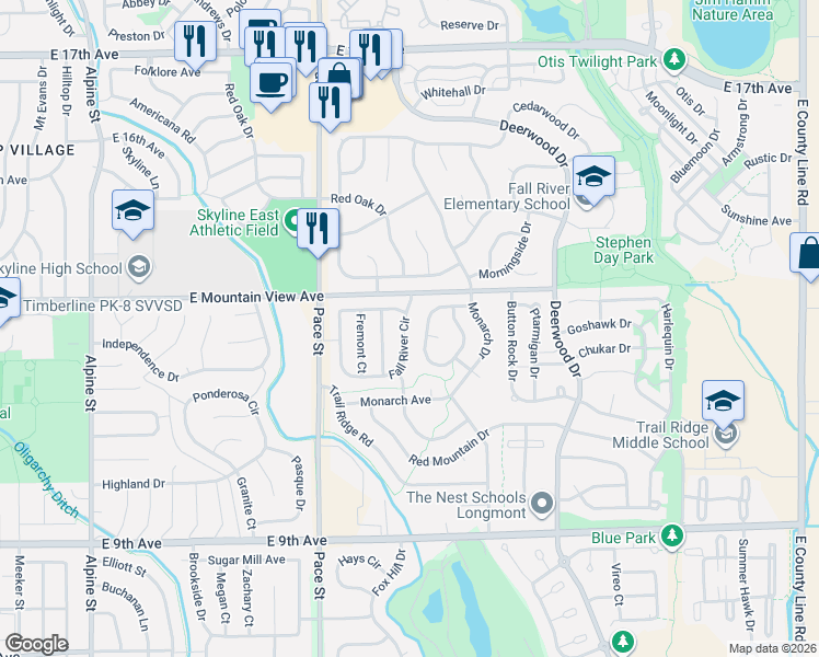 map of restaurants, bars, coffee shops, grocery stores, and more near 1277 Fall River Circle in Longmont