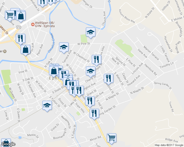 map of restaurants, bars, coffee shops, grocery stores, and more near 215 N State St in Ephrata