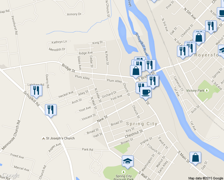 map of restaurants, bars, coffee shops, grocery stores, and more near 229 North Penn Street in Spring City