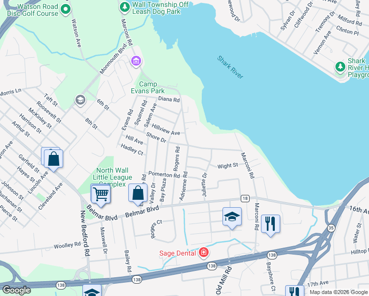 map of restaurants, bars, coffee shops, grocery stores, and more near 1403 Adrienne Road in Wall Township