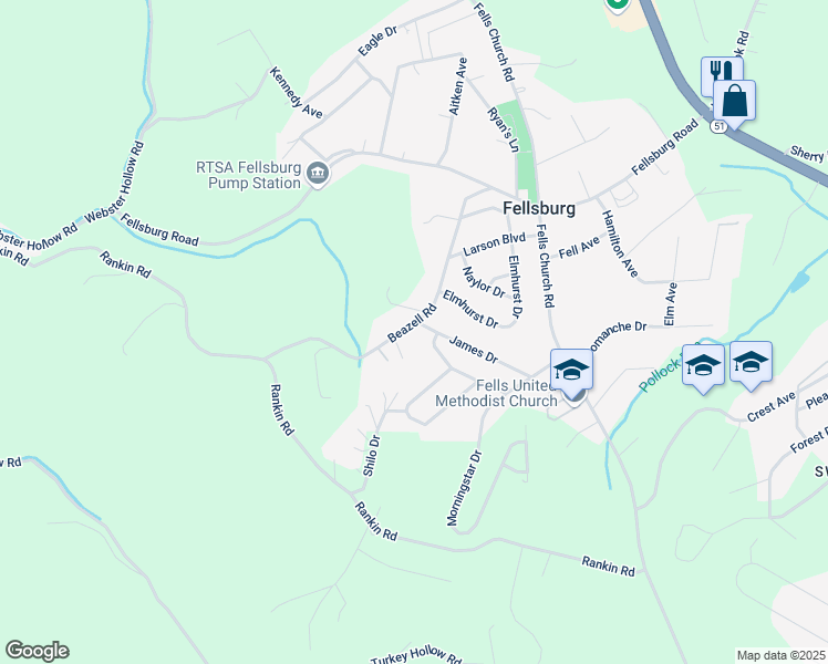map of restaurants, bars, coffee shops, grocery stores, and more near 574 Beazell Road in Belle Vernon