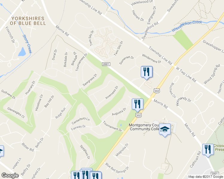 map of restaurants, bars, coffee shops, grocery stores, and more near 121 Inverness Dr in Blue Bell
